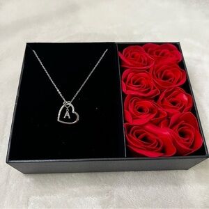 Silver Rose Heart Necklace Gifts CZ Heart Initial A Letter Pendant, Valentine’s